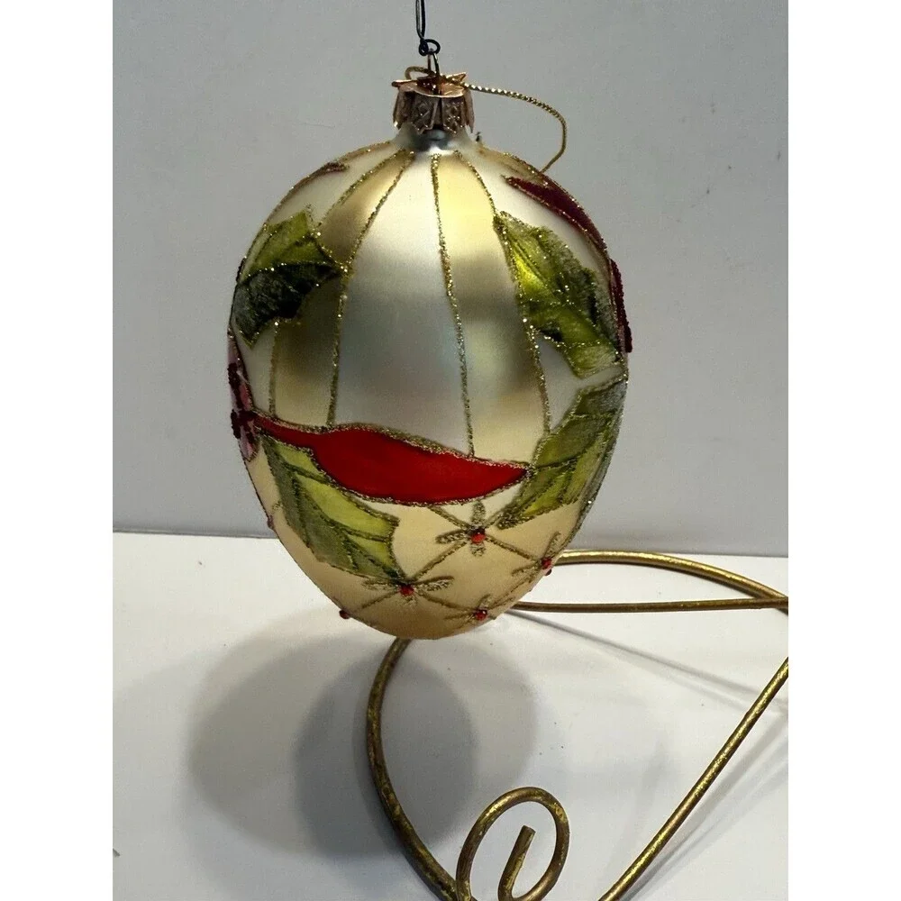 VTG W.C Gold Teardrop Christmas Ornament Hand Painted Berry Holly Glitter Glass